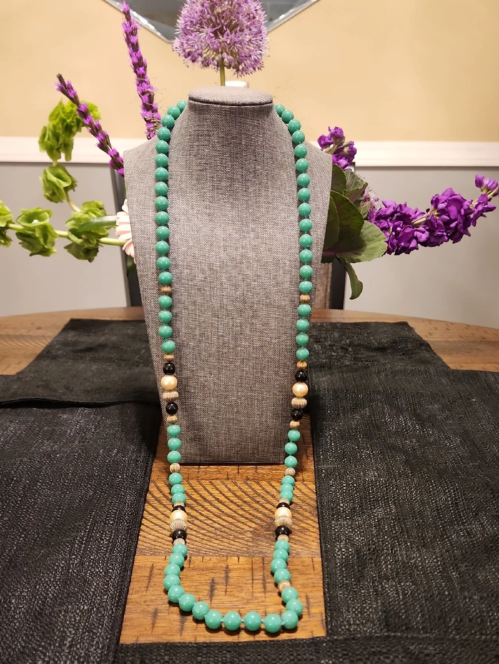 Les Bernard Turquoise Beaded Long Necklace with Black & Cream Accents